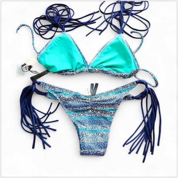 Sofia by VIX Paula Hermanny Moscow Print Fringe Scrunch Bikini 2 Piece NWT NEW L - Picture 9 of 10